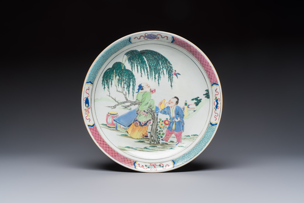 A Chinese famille rose 'Wine Drinking Sage and Attendant' dish, Yongzheng