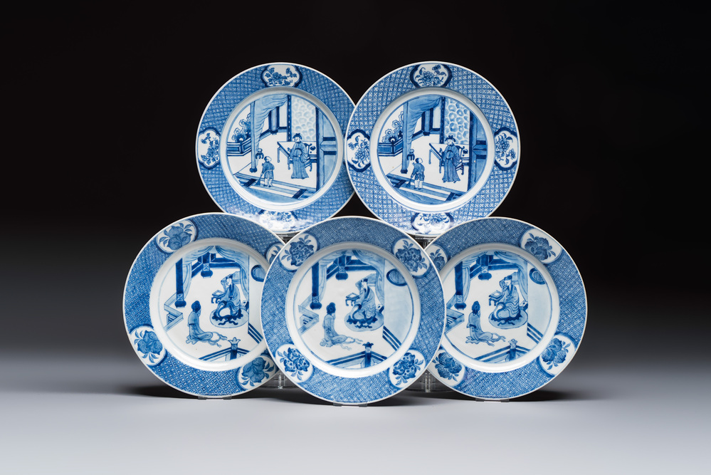Five Chinese blue and white plates with narrative design, Chenghua mark, 19th C.