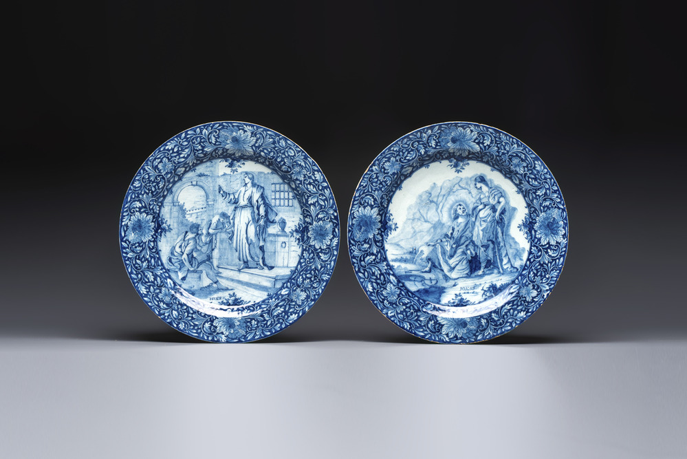 A pair of fine large blue and white Dutch Delft biblical subject dishes, dated 1781