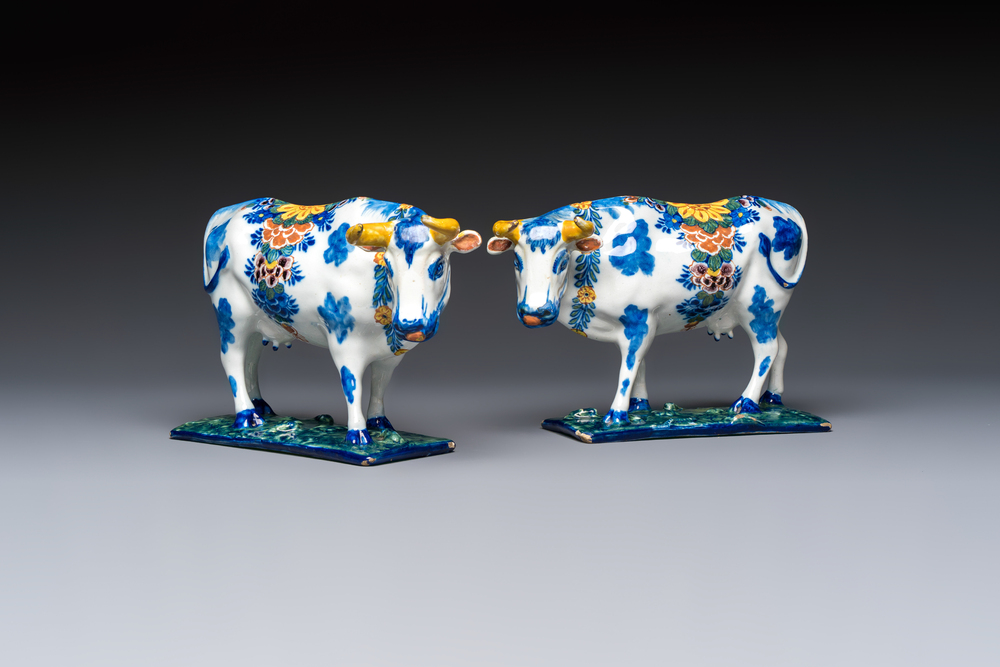 A pair of polychrome Dutch Delft cows, 18th C.