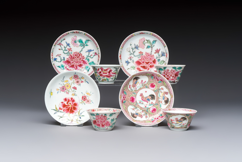 Four Chinese famille rose cups and saucers, Yongzheng/Qianlong
