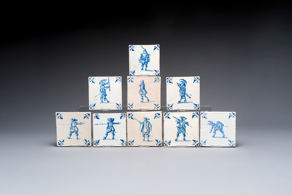 Nine blue and white Dutch Delft 'Soldier' tiles, 17th C.