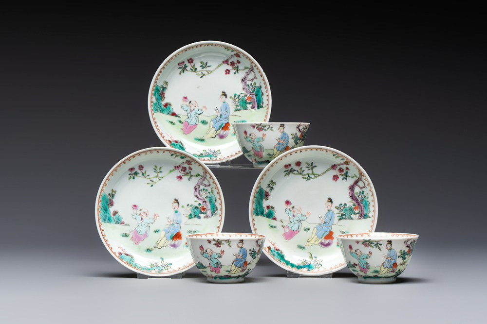 Three sets of Chinese famille rose 'Elegant Beauty and Boy' cups and saucers, Qianlong