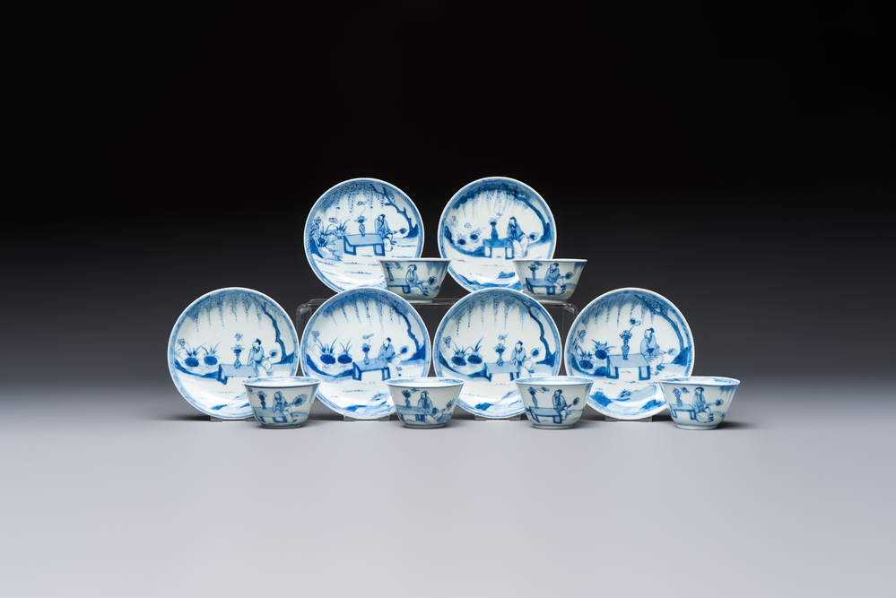 Six Chinese blue and white 'Scholar in a Garden' cups and saucers, Yongzheng