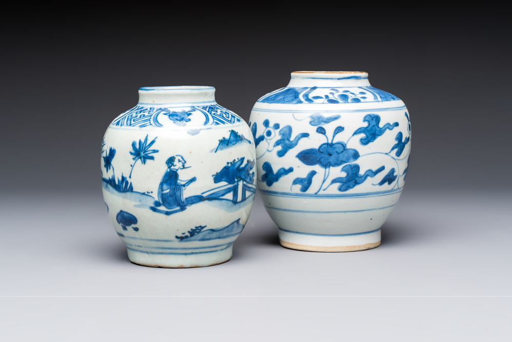 Two Chinese blue and white jars with figural and floral design, late Ming