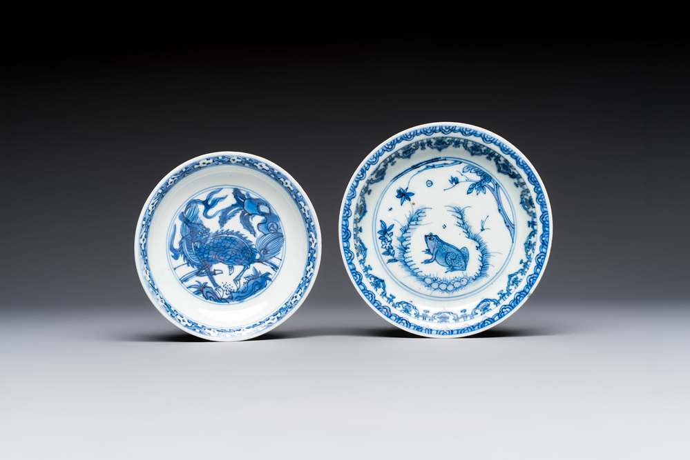 A Chinese blue and white 'Qilin' saucer dish and a 'Frog' saucer dish, Jiajing/Wanli