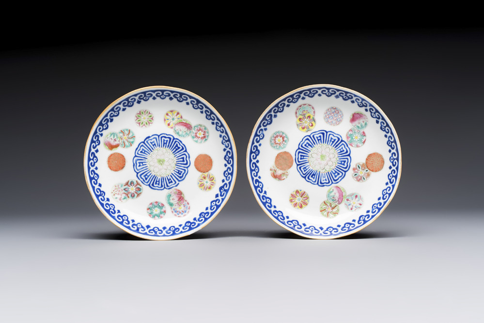 Two Chinese famille rose 'Brocade Ball' saucers, Tongzhi mark and of the period