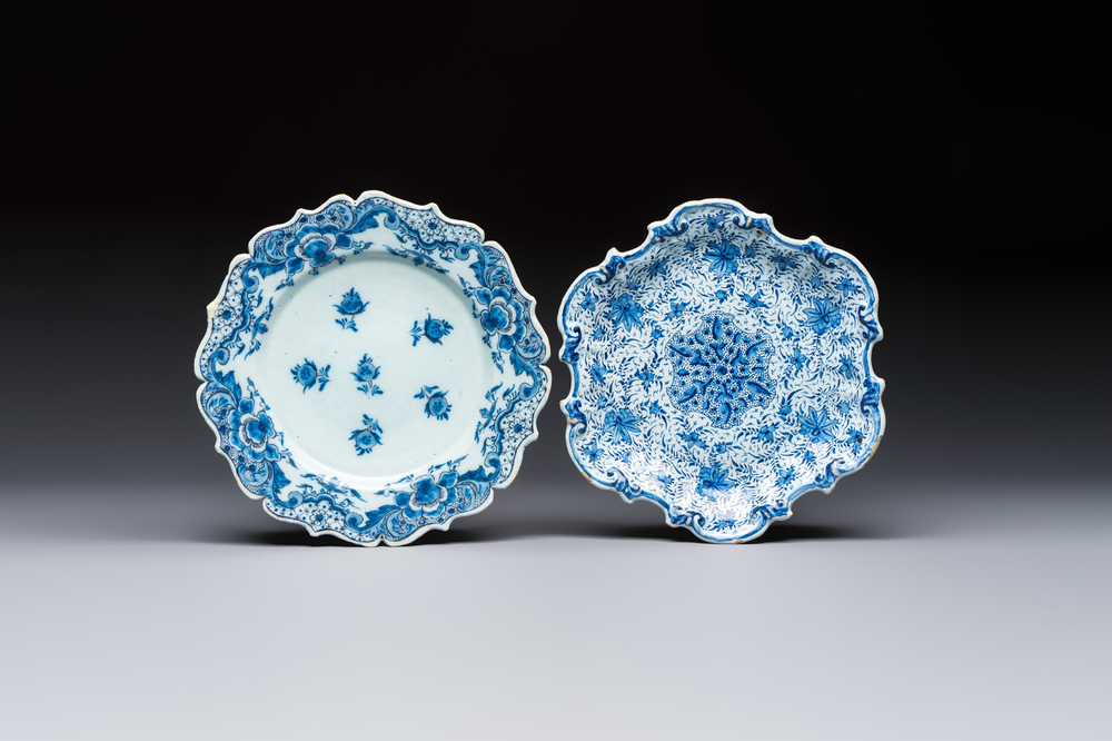 Two blue and white Dutch Delft lobed plates with floral design, 17/18th C.