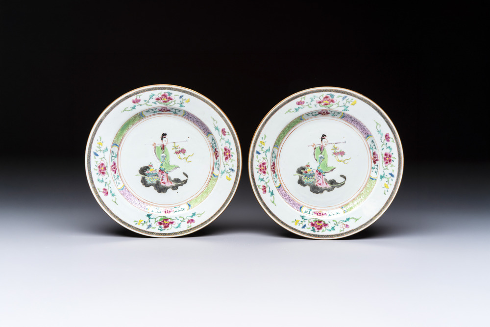 A pair of Chinese famille rose 'Magu' plates, Yongzheng/Qianlong