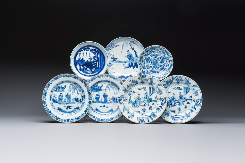 Seven Chinese blue and white plates with figural and floral design, 18/19th C.