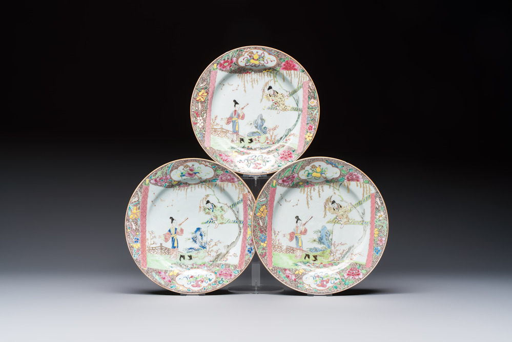 Three fine Chinese famille rose 'Xi Xiang Ji' plates, Yongzheng