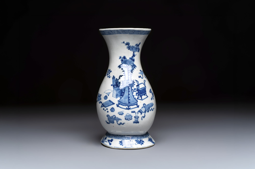 A Chinese blue and white 'Antiquities' wall vase, Kangxi