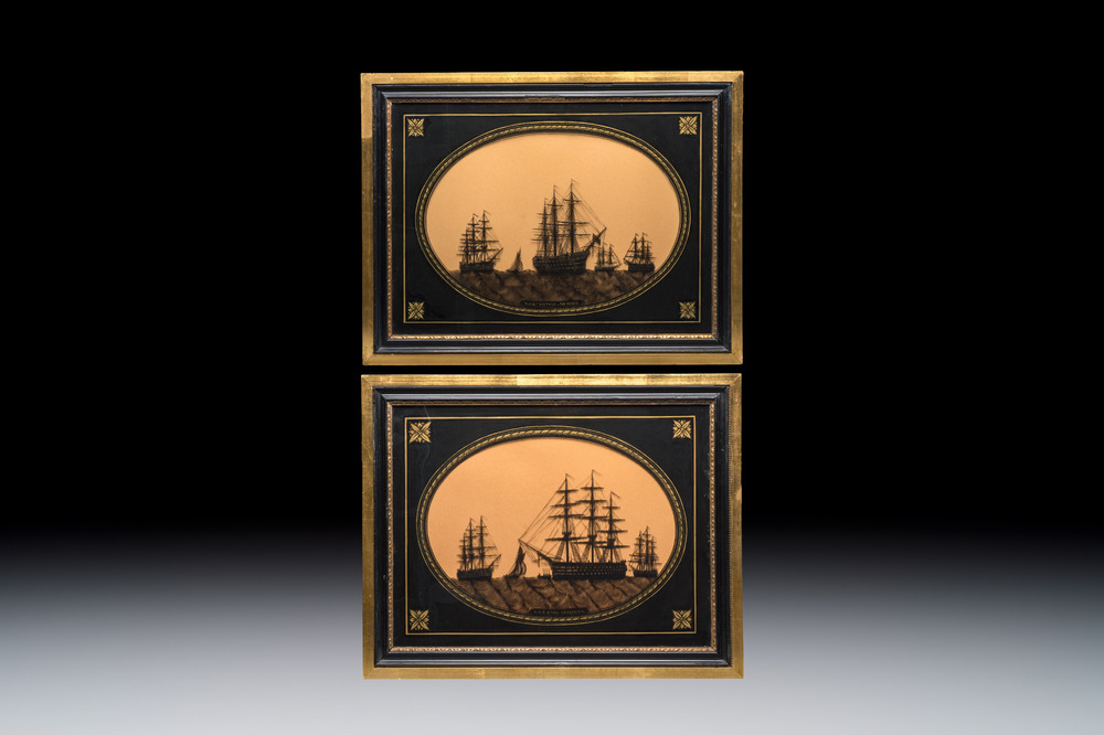 A pair of English reverse-glass silhouette paintings depicting &lsquo;H.M.S. Royal Sovereign&rsquo; and &lsquo;H.M.S. Victory and The Hogue&rsquo;, 19th C.
