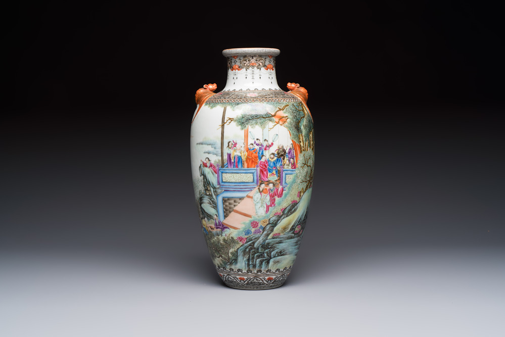 A fine Chinese famille rose vase with narrative design, Qianlong mark, Republic