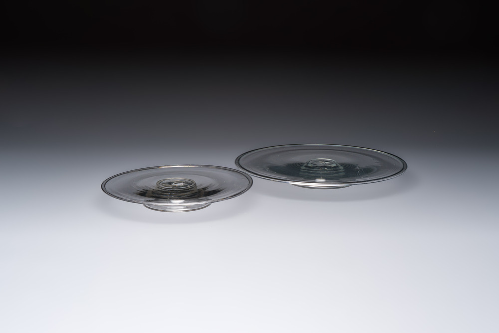 Two English low glass pedestal tazze, 17th C.