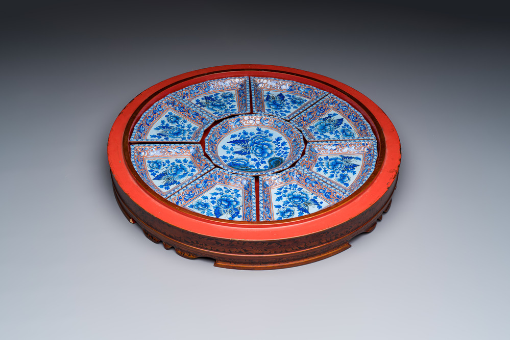 A Chinese enamelled Yixing stoneware nine-piece 'peonies' sweetmeat set on a Southeast Asian lacquer tray, 19th C.
