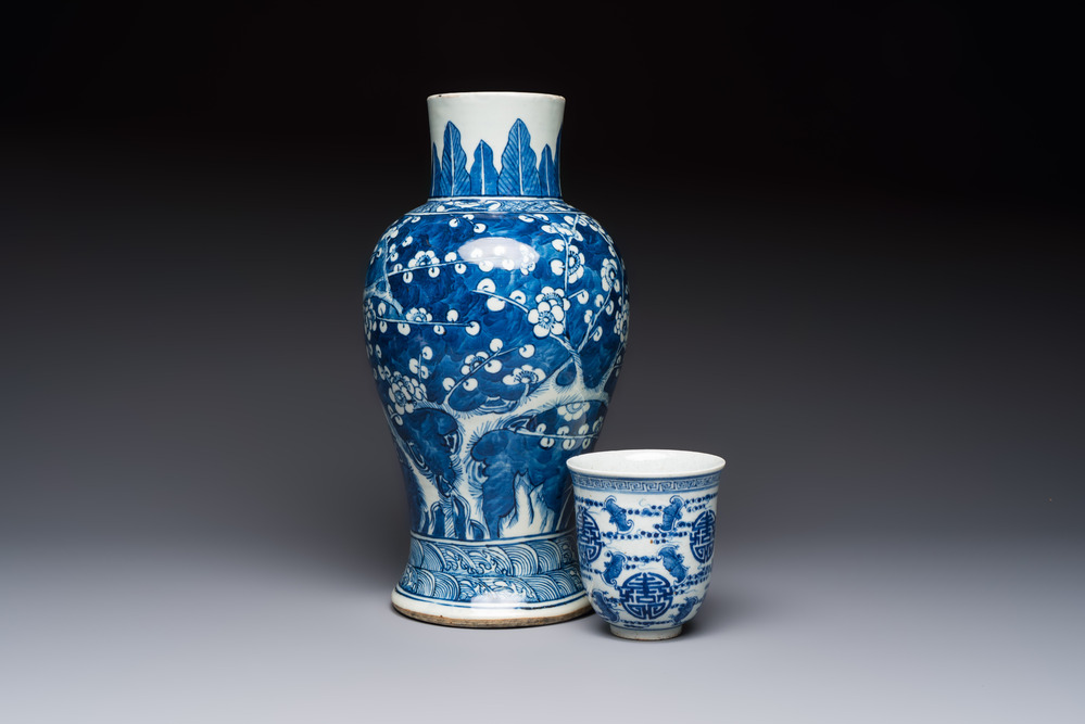 A Chinese blue and white vase and a vessel, 19th C.