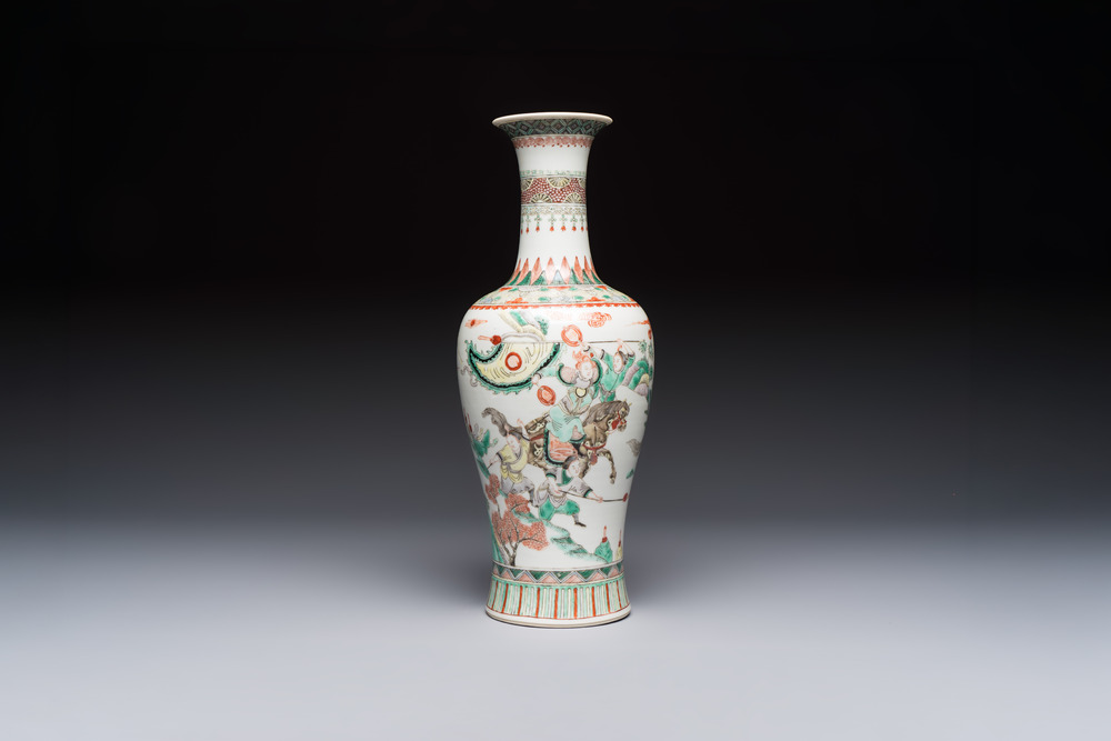 A Chinese famille verte 'Warriors' vase, Kangxi mark, 19th C.