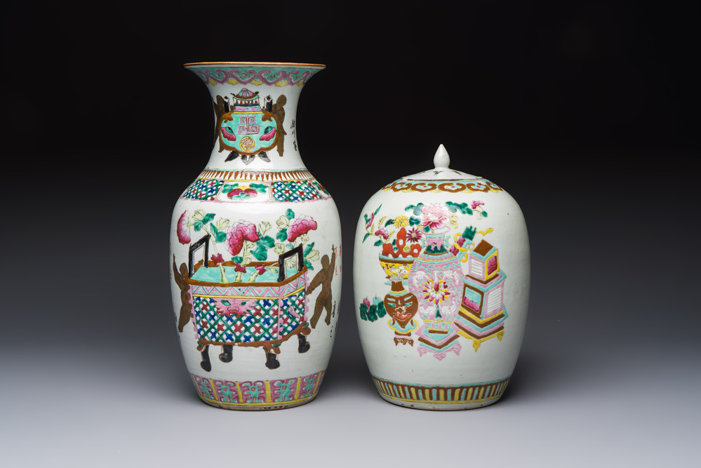 A Chinese famille rose 'Antiquities' vase and a covered jar, 19th C.