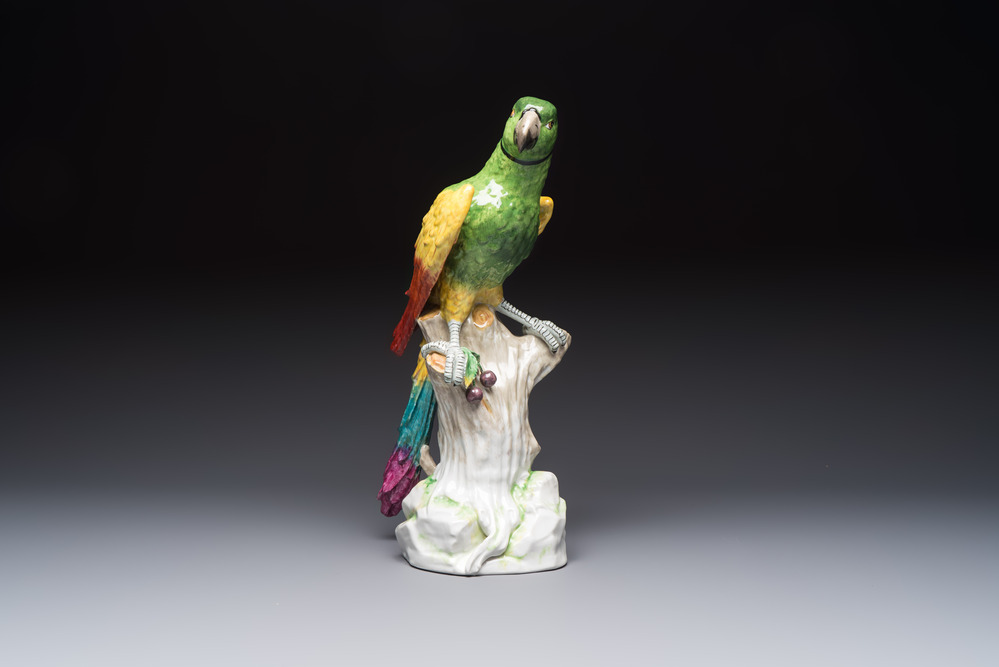 A German polychrome 'Parrot on Tree Stump' sculpture, SP Dresden mark, 20th C.