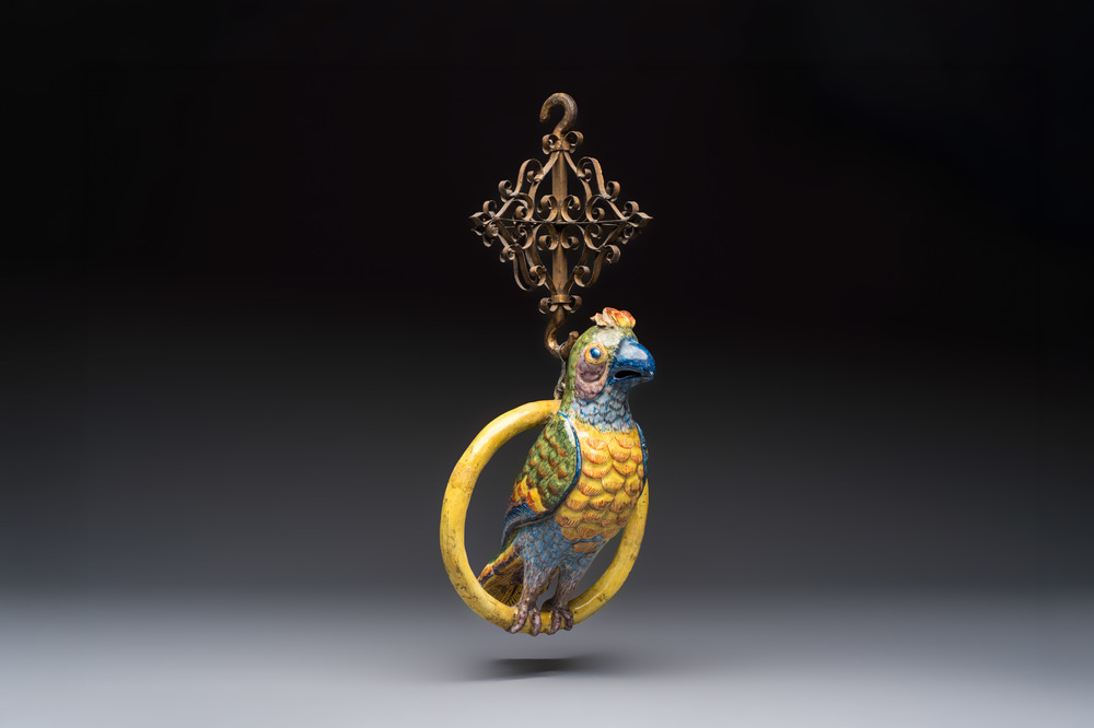 A polychrome Dutch Delft model of a parrot with gilt bronze hanging ornament, 18/19th C.