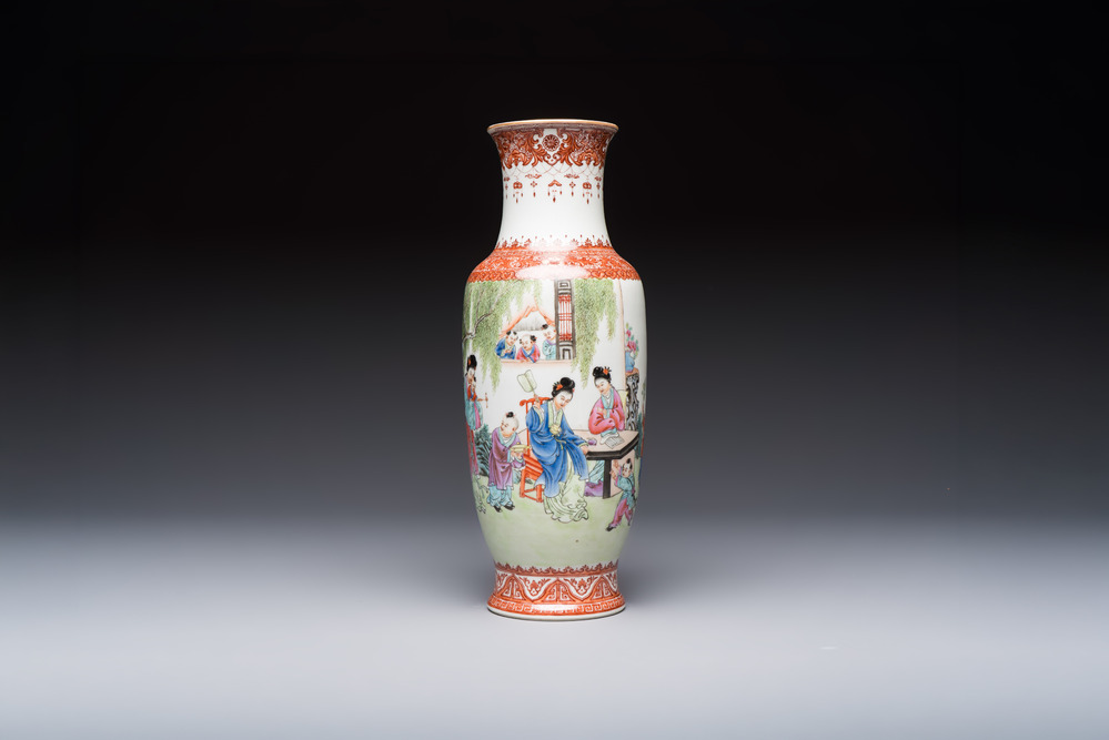 A Chinese famille rose 'Elegant Beauties and Playing Boys' vase, Qianlong mark, 20th C.