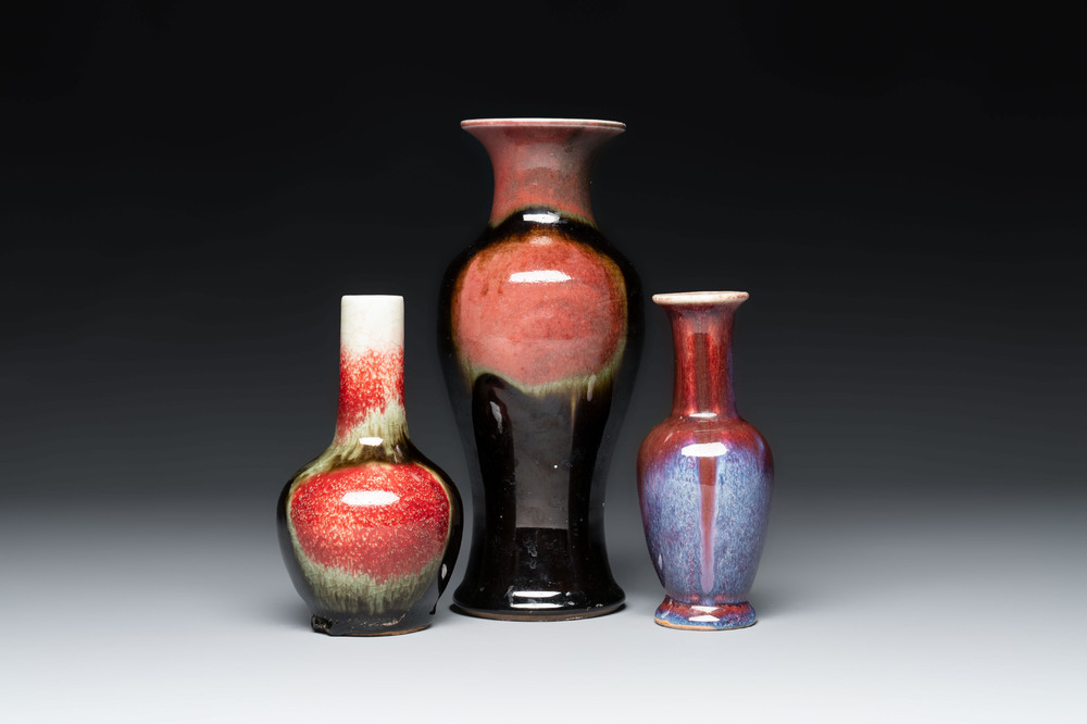Three Chinese flamb&eacute;-glazed vases, 20th C.