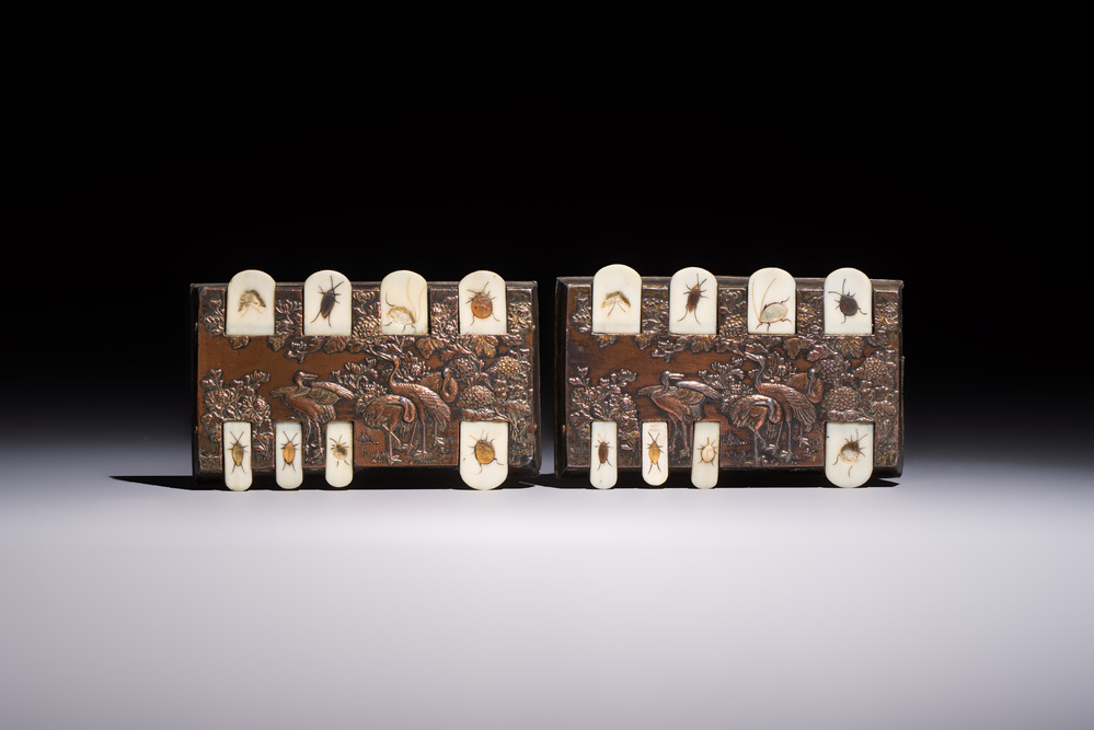 Two Japanese copper and shibayama whist markers, Meiji, 19/20th C.