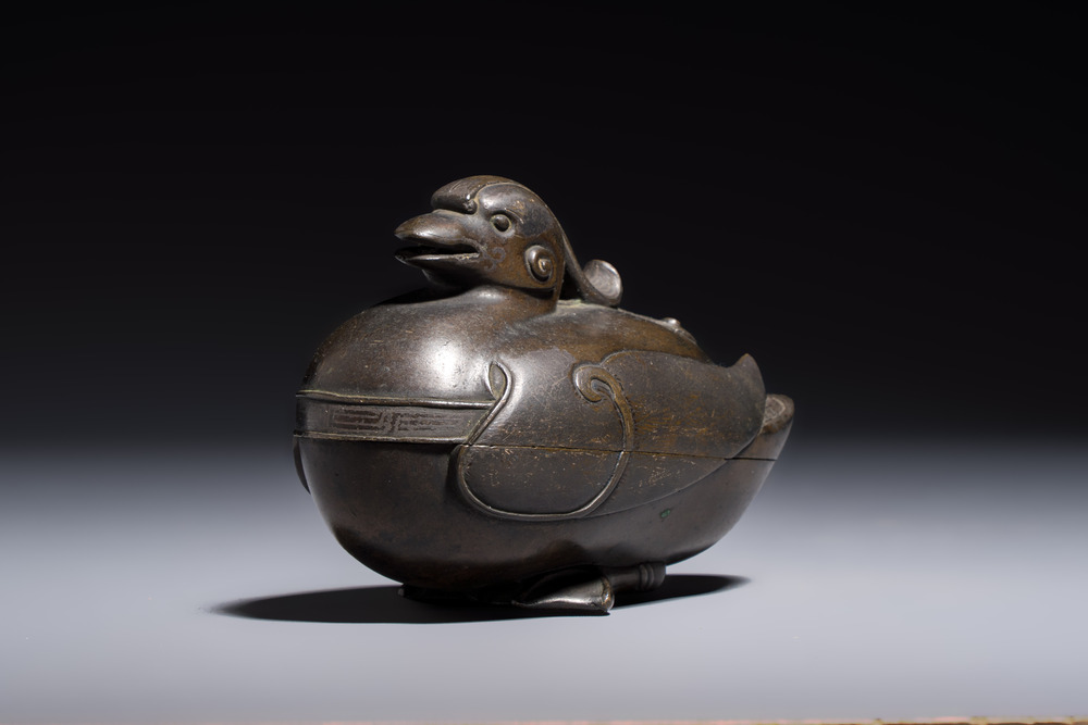A Chinese silver-inlaid bronze 'Mandarin Duck' censer and cover, Ming