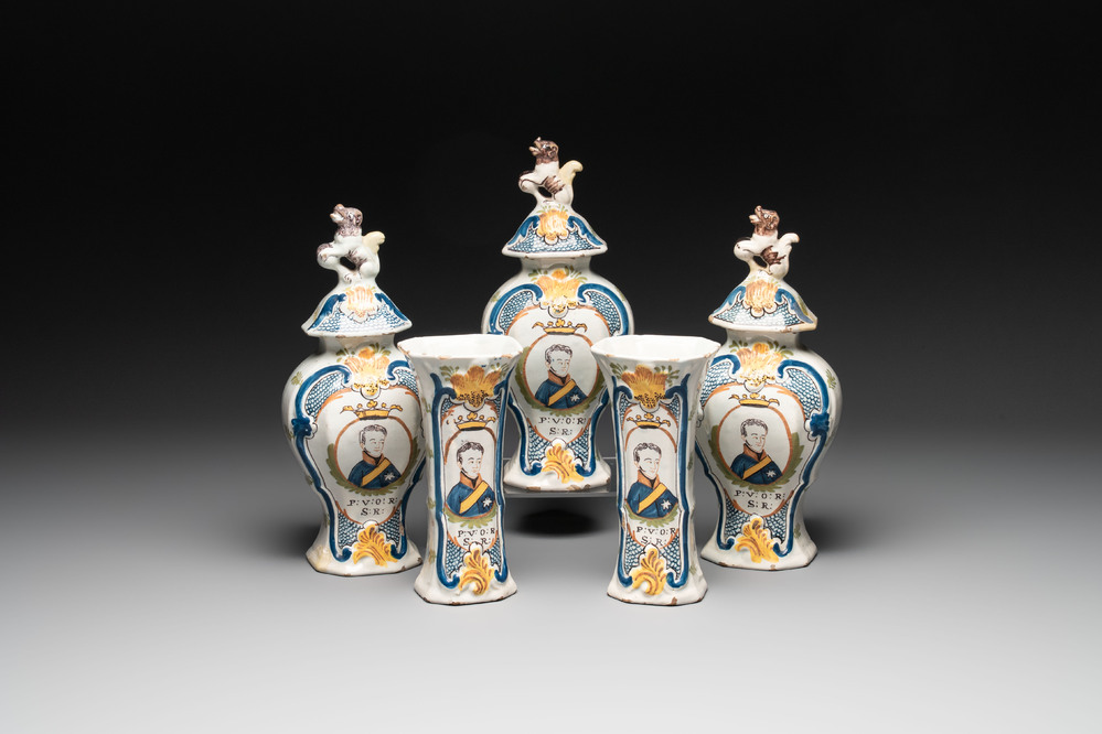 A polychrome Dutch Delft five-piece garniture with the portrait of William I of The Netherlands, early 19th C.