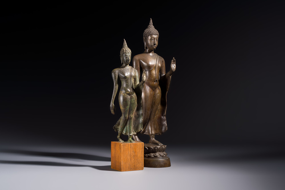 Two bronze Sukhothai-style walking Buddhas, Thailand, 20th C. or earlier