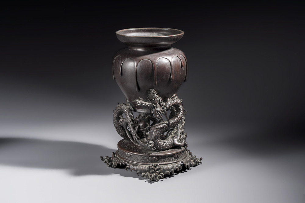 A Japanese bronze vase carried by a dragon, Meiji, 19th C.