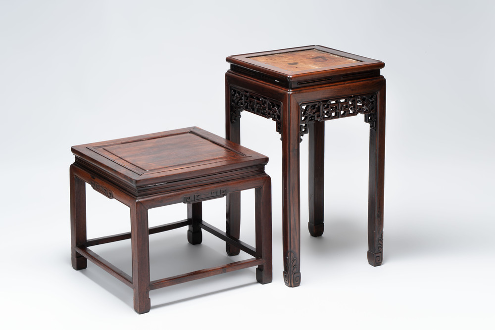 A Chinese hongmu stand and a square low table, 19th C.