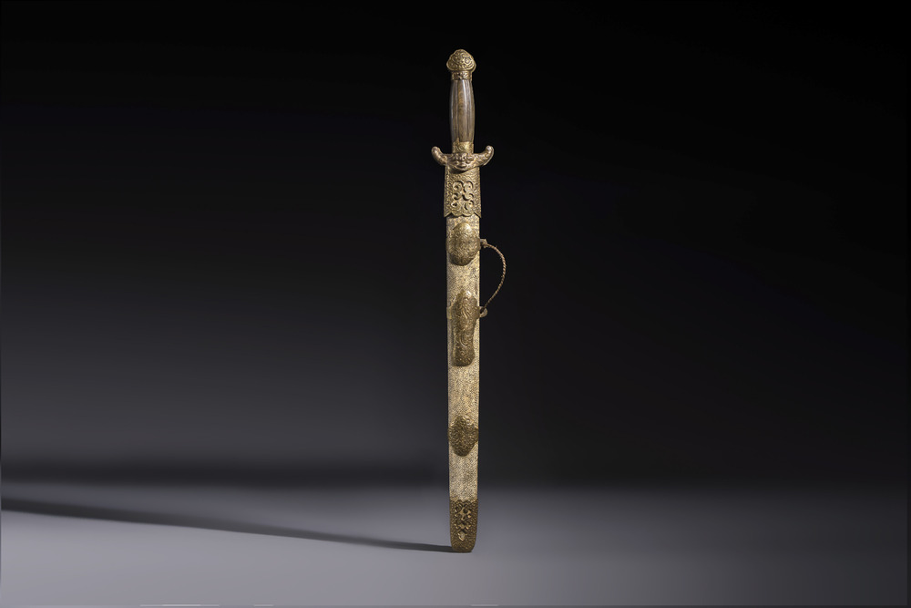 A rare set of Chinese double swords and scabbard, &lsquo;Shuangjian&rsquo;, Longquan mark, 19th C.