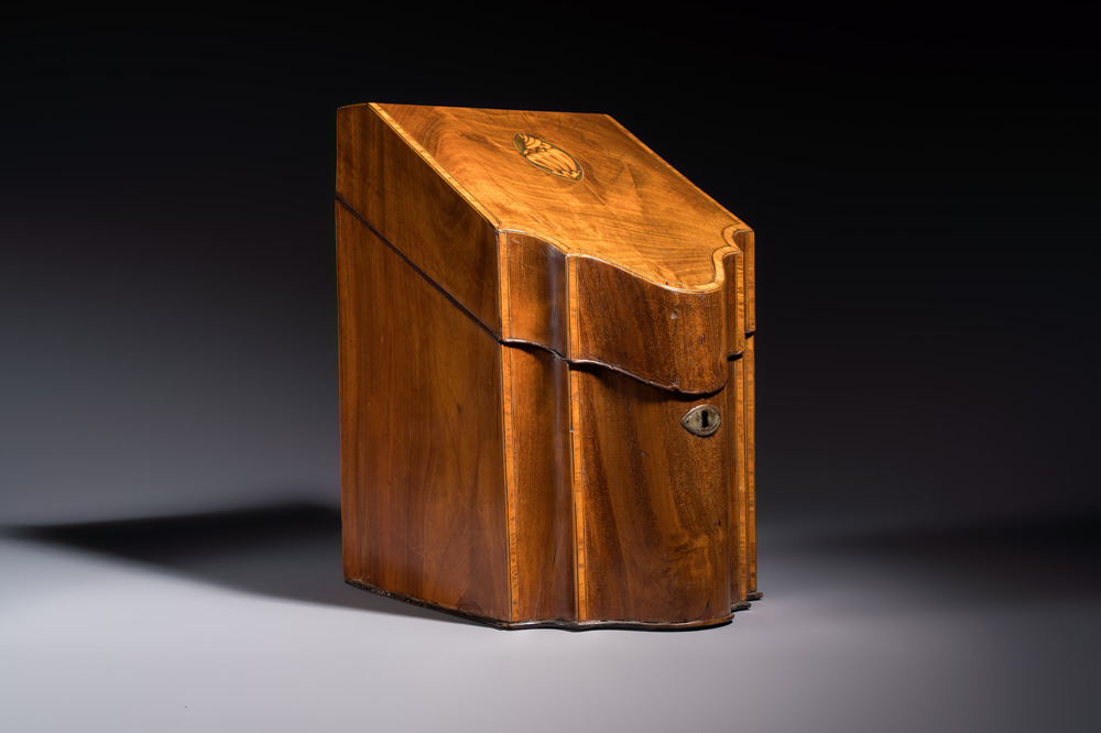 A George III mahogany knife box with marquetry inlay, later converted into a letter box, England, late 18th C.
