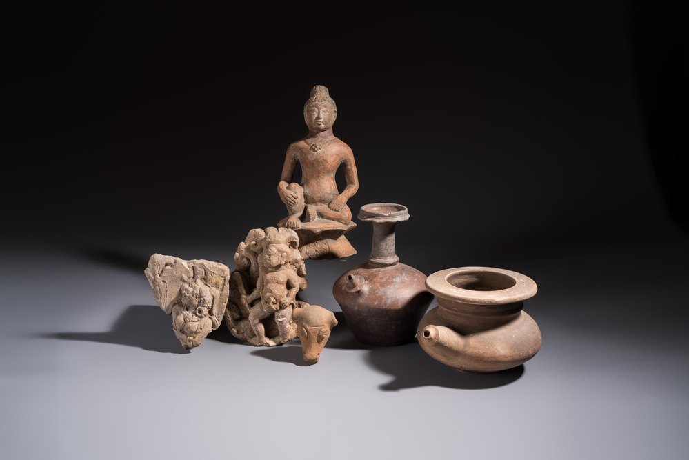 Five various pottery wares and a carved stone fragment, South Asia and Southeast Asia, 18th C. and earlier