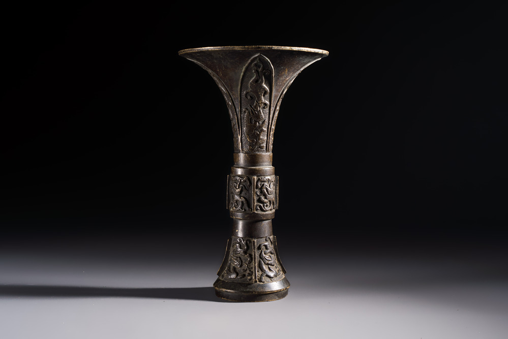 A Chinese archaistic bronze vase with Chilong design, 'Gu 觚', Ming
