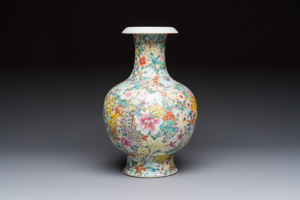 A fine Chinese famille rose 'Millefleurs' vase, Qianlong mark, Republic