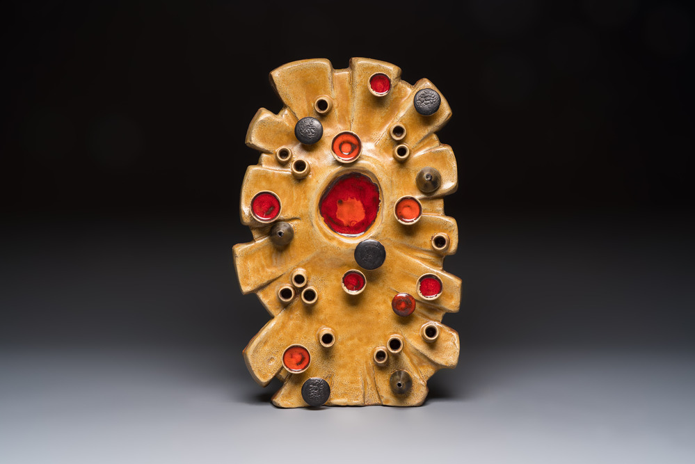A Belgian polychrome-glazed pottery wall relief, possibly Elisabeth Vandeweghe for Perignem, 20th C.