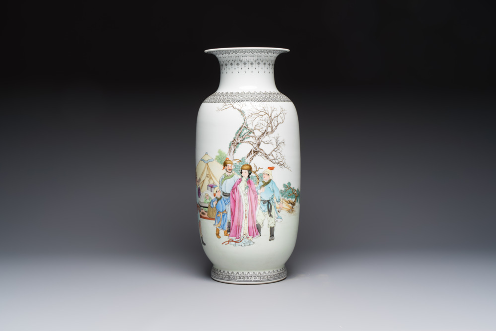 A Chinese famille rose vase with figural design, Qianlong mark, 20th C.