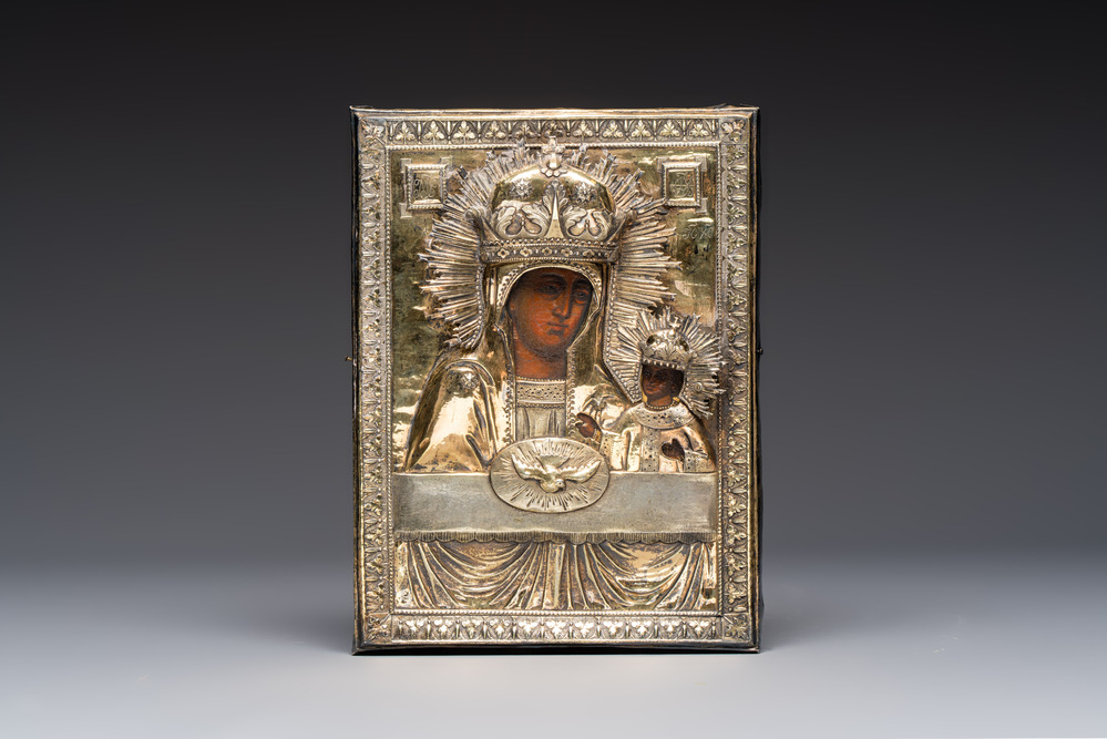 A fine Russian 'Mother of God' icon with silver riza, the silver marked Moscow, dated 1817