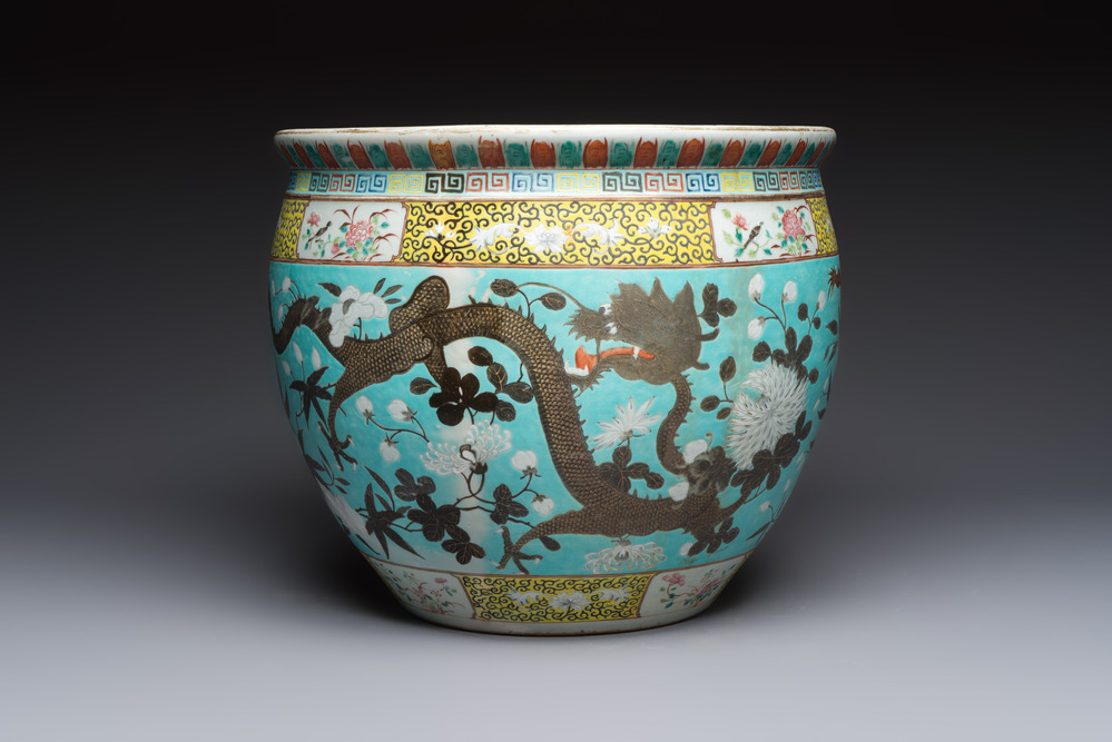 A Chinese famille rose turquoise-ground Dayazhai-style 'Dragons' fish bowl or jardini&egrave;re, 19th C.