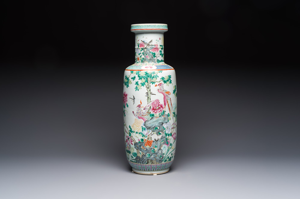 A Chinese famille rose 'Birds among Flowering Branches' rouleau vase, Qianlong mark, Republic