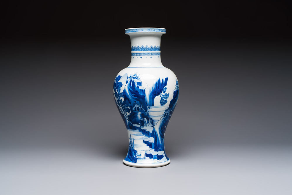 A Chinese blue and white 'Mountainous Riverscape' baluster vase, Kangxi