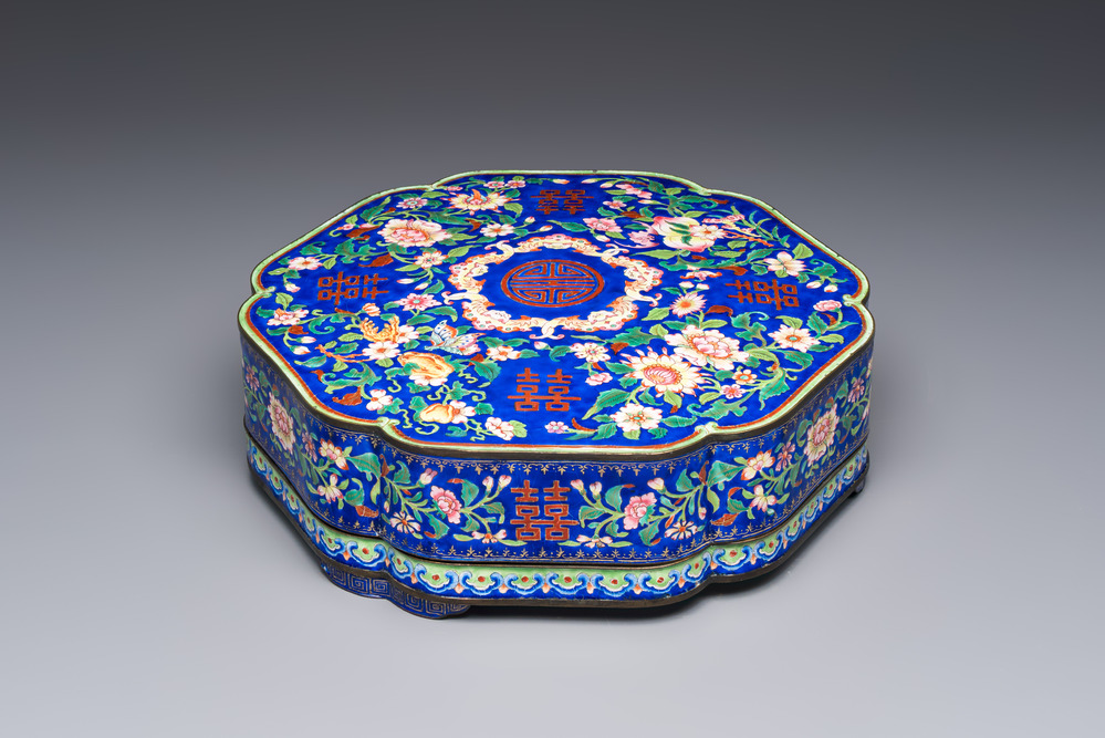 A fine Chinese Canton enamel blue-ground 'Double Happiness 囍' box and cover, Qianlong