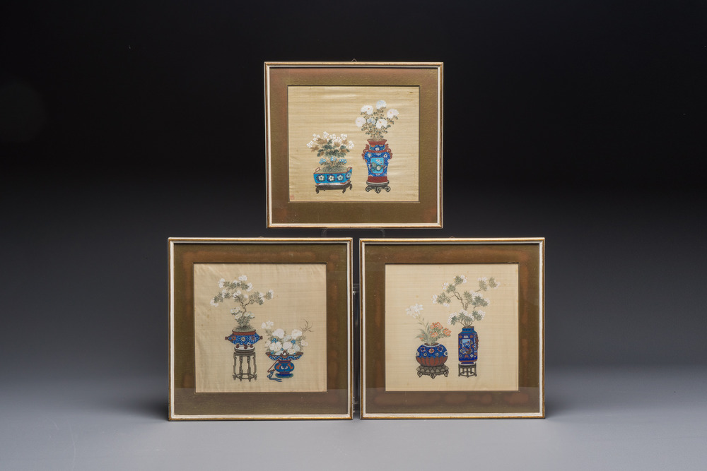 Chinese school: a set of three 'Floral Arrangements' paintings, ink and colour on silk, Republic