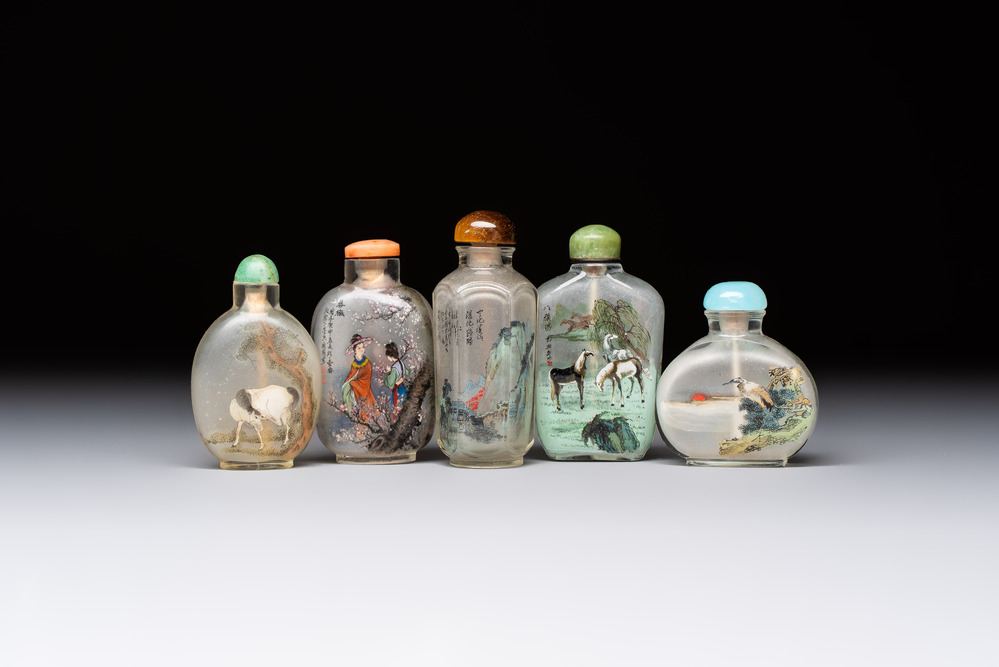 Five Chinese inside-painted snuff bottles, signed Chen Runpu 陈润璞 and Sun Xuecun 孙雪村, 20th C.