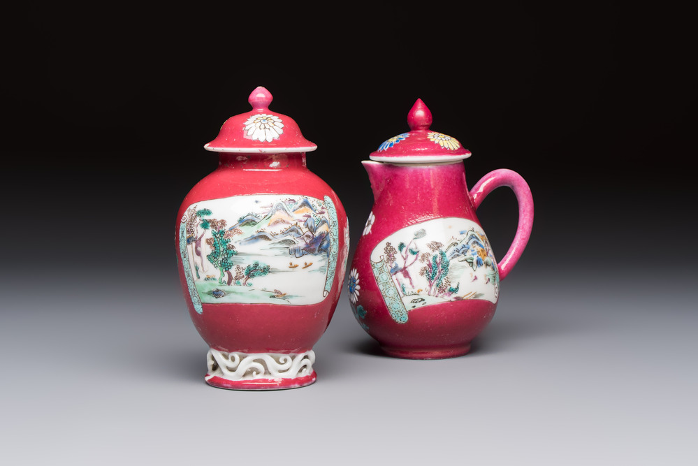 A Chinese famille rose ruby-ground 'Landscape Scroll' covered tea caddy and a covered milk jug, Yongzheng