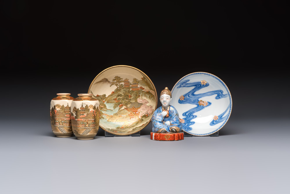 A Japanese Satsuma bowl, a pair of vases, a polychrome figure, and a marked Koransha bowl, 19/20th C.
