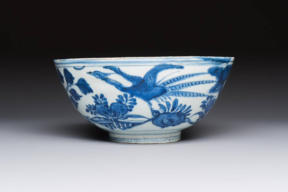 A Chinese blue and white 'Pheasants' bowl, Chenghua mark, late Ming